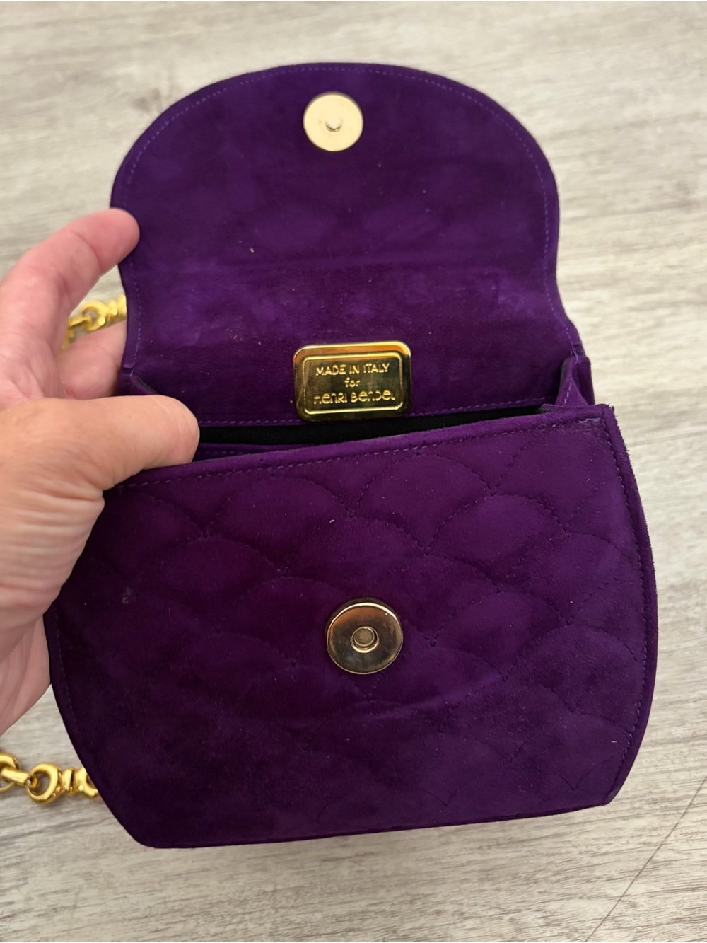 Henri Bendel Purple Velvet Mini Evening Bag Pearl Gold Leather Made In Italy - Picture 6 of 14